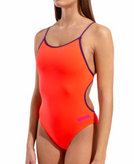Arena women's lace back solid swimsuit in bright coral and plum, featuring a sleek design and supportive fit for swimming.