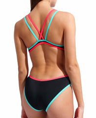 Arena women's one-piece swimsuit with double cross-back design in black, bright coral, and water blue, featuring sleek, sporty style.
