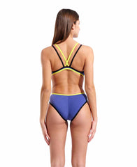 Arena women's one-piece swimsuit with double cross-back design in future dusk, soft green, and black colors.