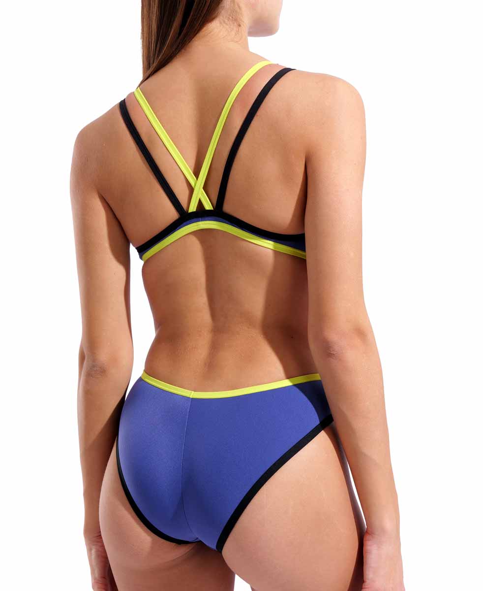 Arena women's one-piece swimsuit with double cross-back design in Future Dusk, soft green, and black, featuring sleek athletic style.