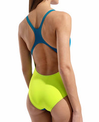 Arena women's Team Swim Pro Back solid swimsuit in blue Cosmo with Arctic Lime accents, designed for competitive swimming.