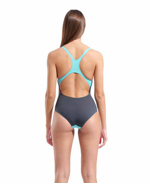 Arena women's Team Swim Pro Back solid swimsuit in water/asphalt color, featuring a sleek design and supportive fit for competitive swimming.