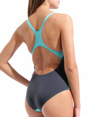 Arena women's Team Swim Pro Back solid swimsuit in water/asphalt colors, designed for competitive swimming and athletic performance.