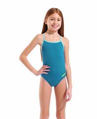 Arena girls' Team Challenge back solid swimsuit in Blue Cosmo and Water, featuring a sleek design and comfortable fit.