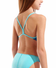 Arena girls' Team Challenge back solid swimsuit in blue Cosmo and water colors, featuring a sporty design for swimming.