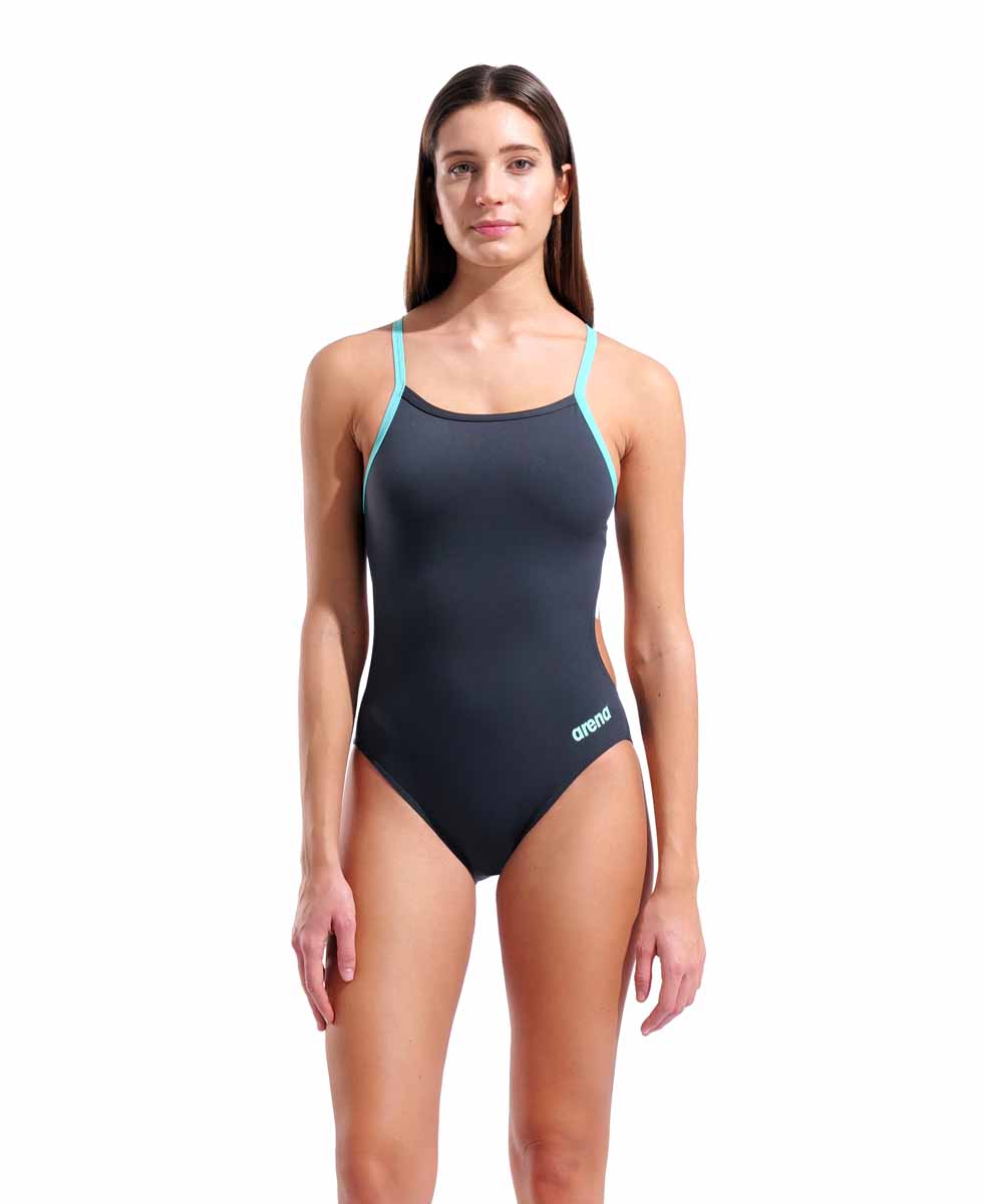 Arena women's Team Challenge back solid swimsuit in asphalt/water color, featuring a sleek design and comfortable fit for competitive swimming.