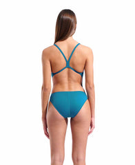 Arena women's Team Challenge back solid swimsuit in blue Cosmo with Arctic Lime accents, featuring a streamlined design and supportive fit.