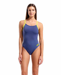 Arena women's Team Challenge back solid swimsuit in Future Dusk, black, and Arctic Lime featuring a sleek design and supportive fit.