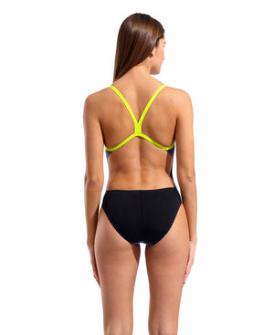 Arena women's Team Challenge back solid swimsuit in dusk, black, and Arctic Lime with a sleek, supportive design for competitive swimming.