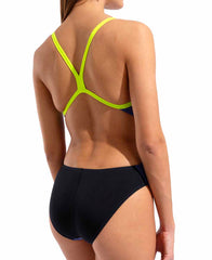 Arena women's Team Challenge back solid swimsuit in future dusk, black, and Arctic lime, featuring a sleek, supportive design for swimming.