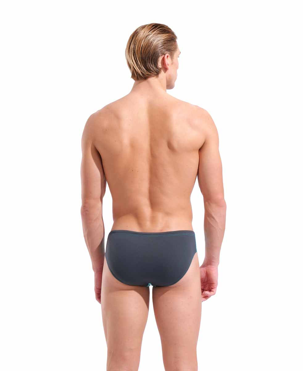 Arena men's swim briefs in solid water/asphalt color, featuring a sleek, snug fit ideal for competitive swimming.