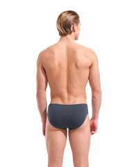 Arena men's swim briefs in solid water/asphalt color, featuring a sleek, snug fit ideal for competitive swimming.