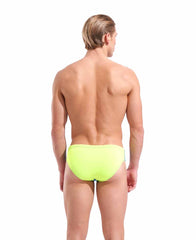 Blue Cosmos and Arctic Lime Arena men's team swim briefs featuring a solid design, made for competitive swimming.