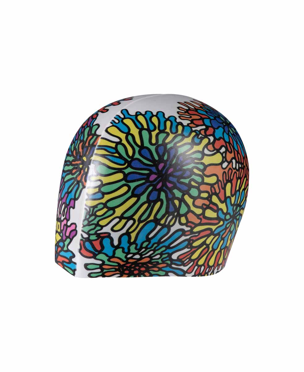 Arena HD Garden Print swim cap in white and multi-colored design, made for comfortable swimming and stylish aquatic activity.