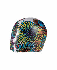 Arena HD Garden Print swim cap in white and multi-colored design, made for comfortable swimming and stylish aquatic activity.