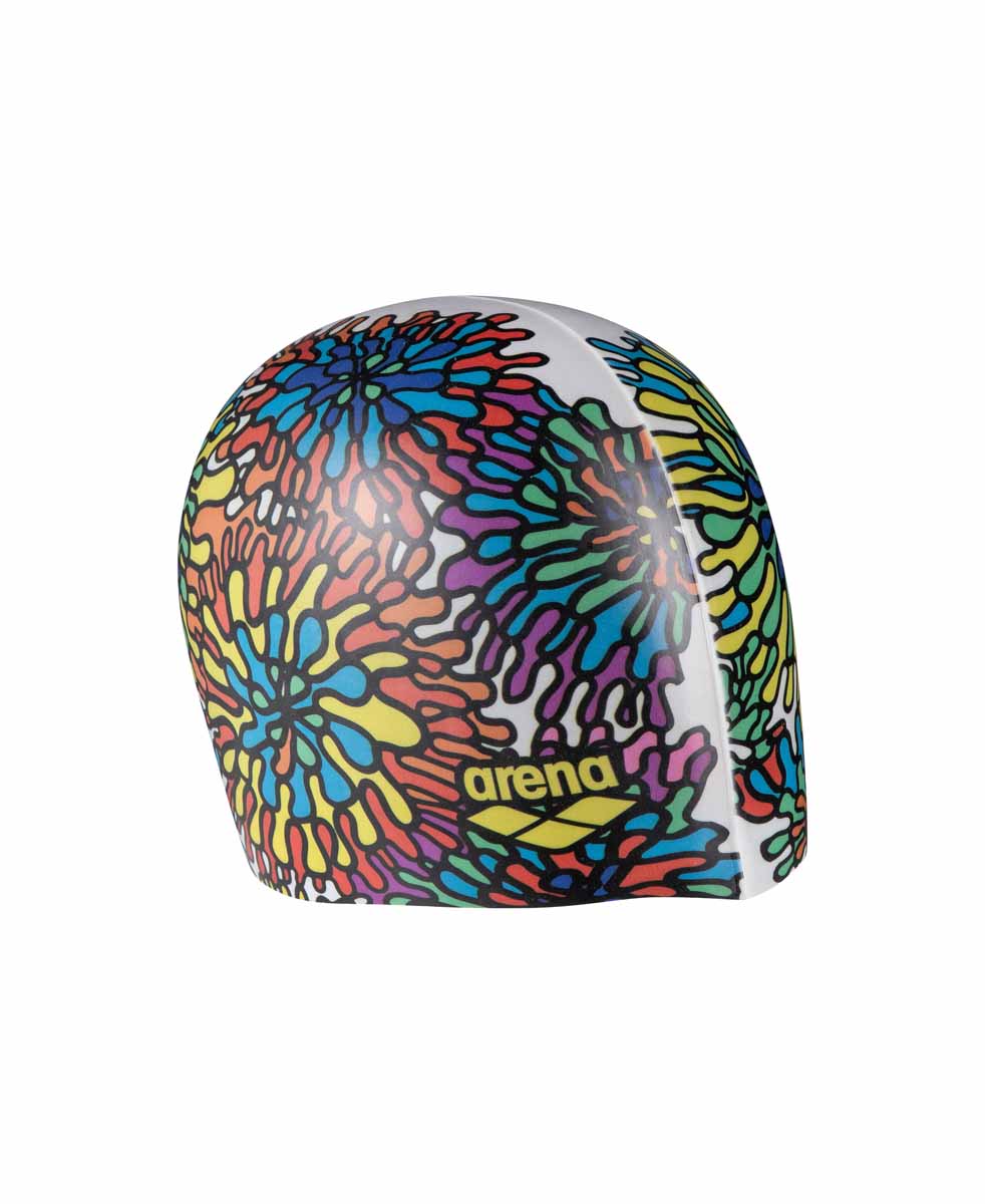 Arena HD Garden print swim cap in white and multicolor, featuring a vibrant garden pattern, made for comfortable swimming.