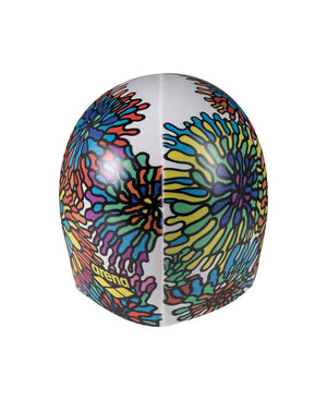 Arena HD Garden print swim cap in white and multi-colored pattern, made for comfortable swimming and waterproof protection.
