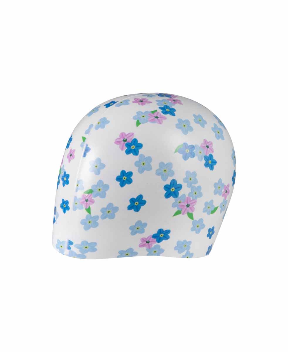 Arena HD flower print swim cap in white and multi colors, lightweight silicone swim hat with floral design for women.