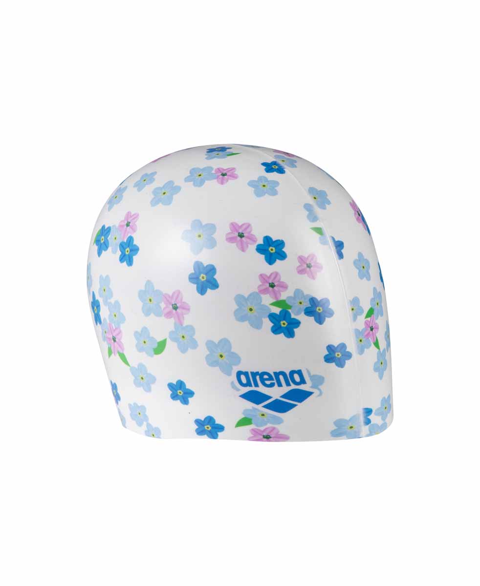Arena HD flower print swim cap in white and multicolor, made of durable silicone for comfortable swimming.