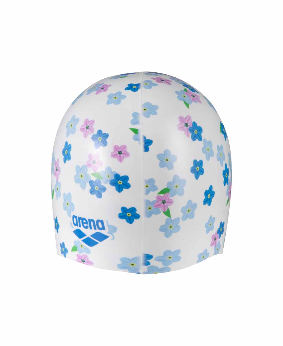 Arena HD Flower Print swim cap in white and multicolor, featuring a comfortable fit and vibrant floral design for swimming.