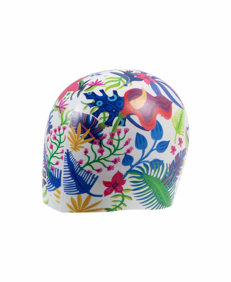 Arena HD Picture Print swim cap in white with colorful multi design, made for comfortable fit during swimming.