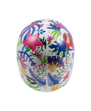 Arena HD Picture Print swim cap in white with colorful multicolor design, made for comfortable swimming and head protection.