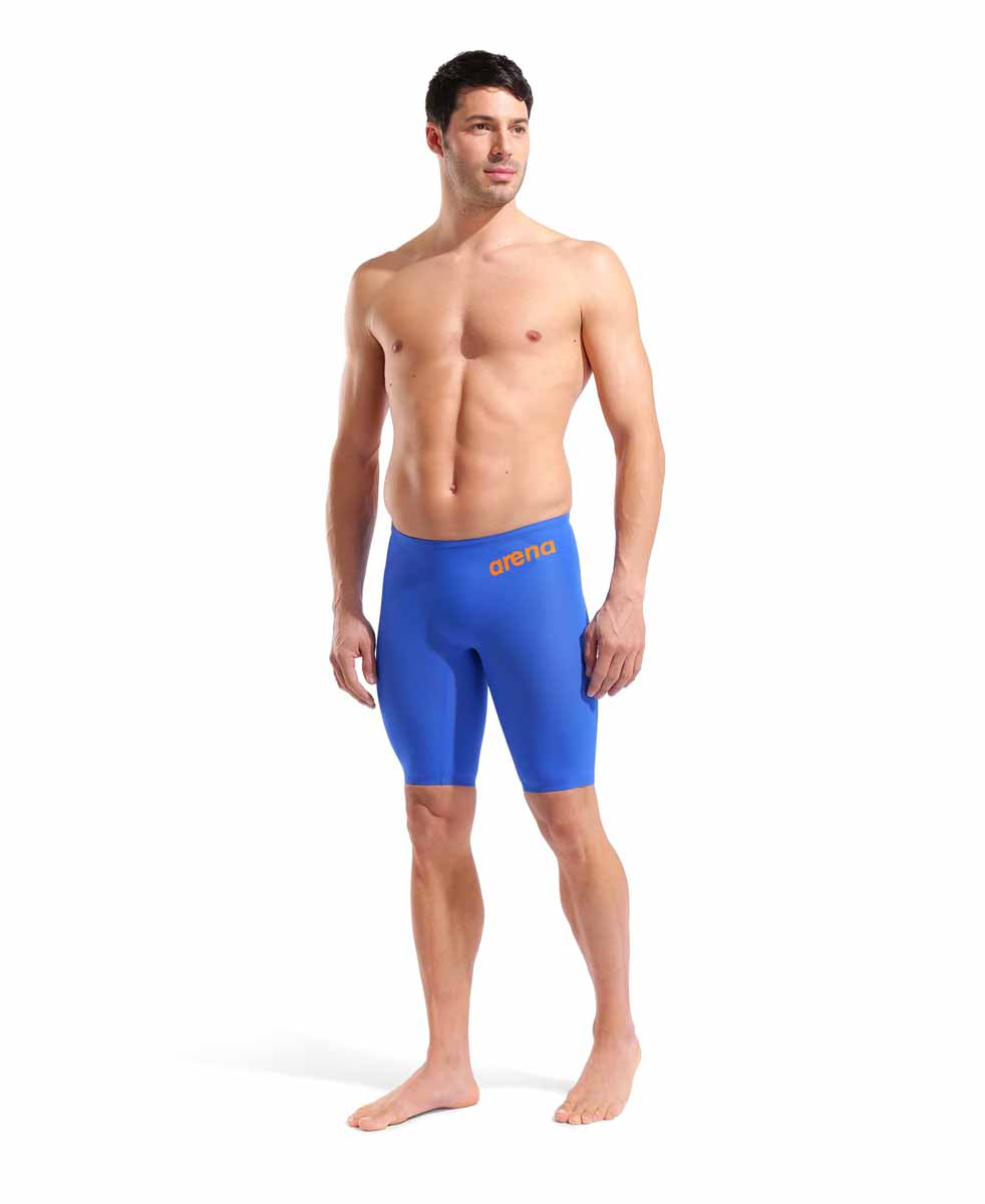 Arena men's Carbon Air2 jammer in neon blaze with sleek black design and bold branding, designed for competitive swimming.