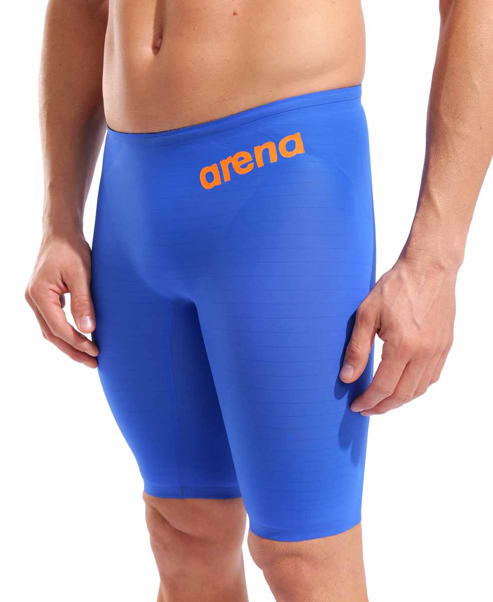 Arena Men's Carbon Air2 Limited Edition Neon Blaze jammer, sleek black swimwear with neon orange accents for competitive swimming.