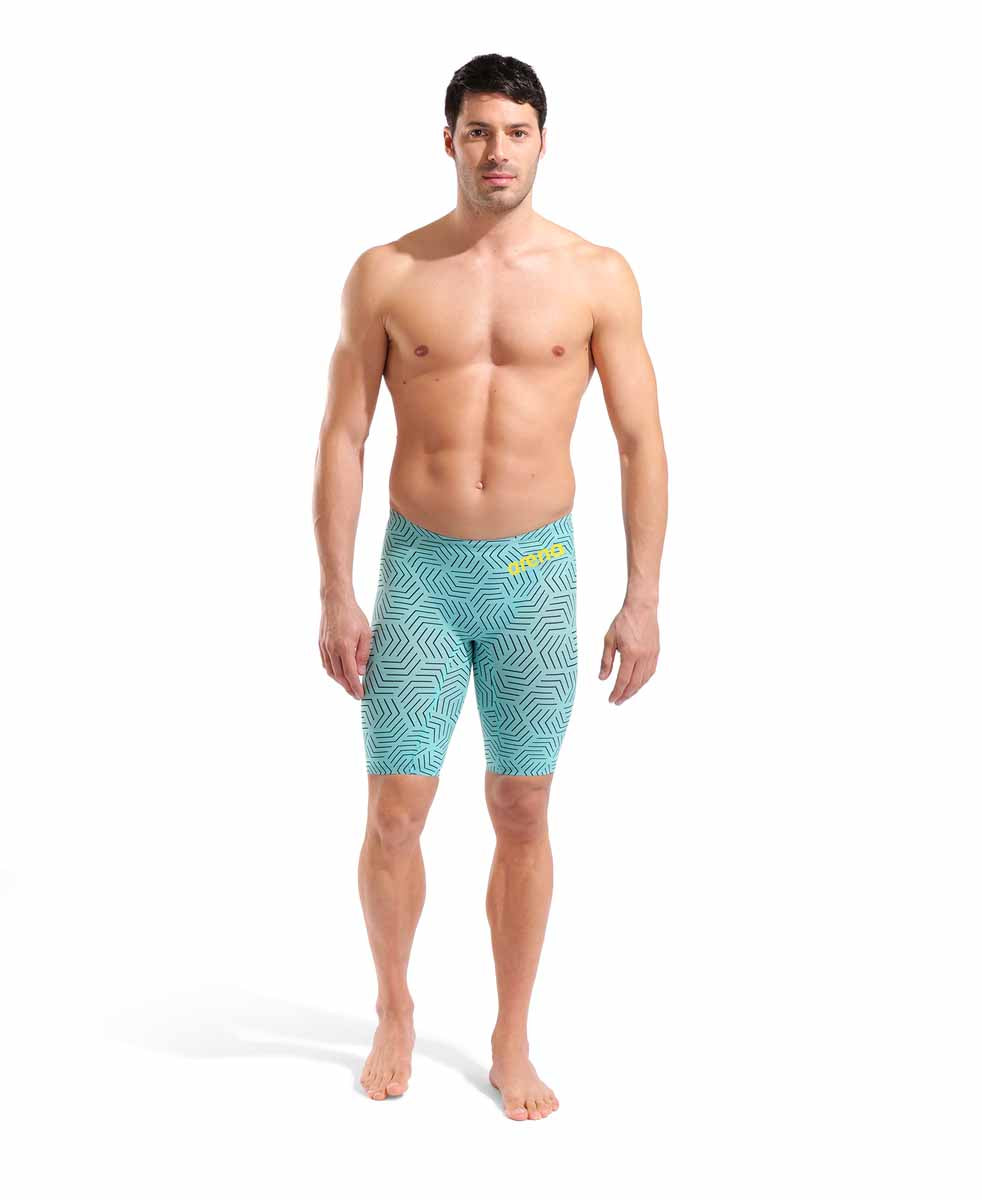 Arena men's Carbon Air2 jammer in Limited Edition Water Maze design, featuring sleek black and blue water pattern.