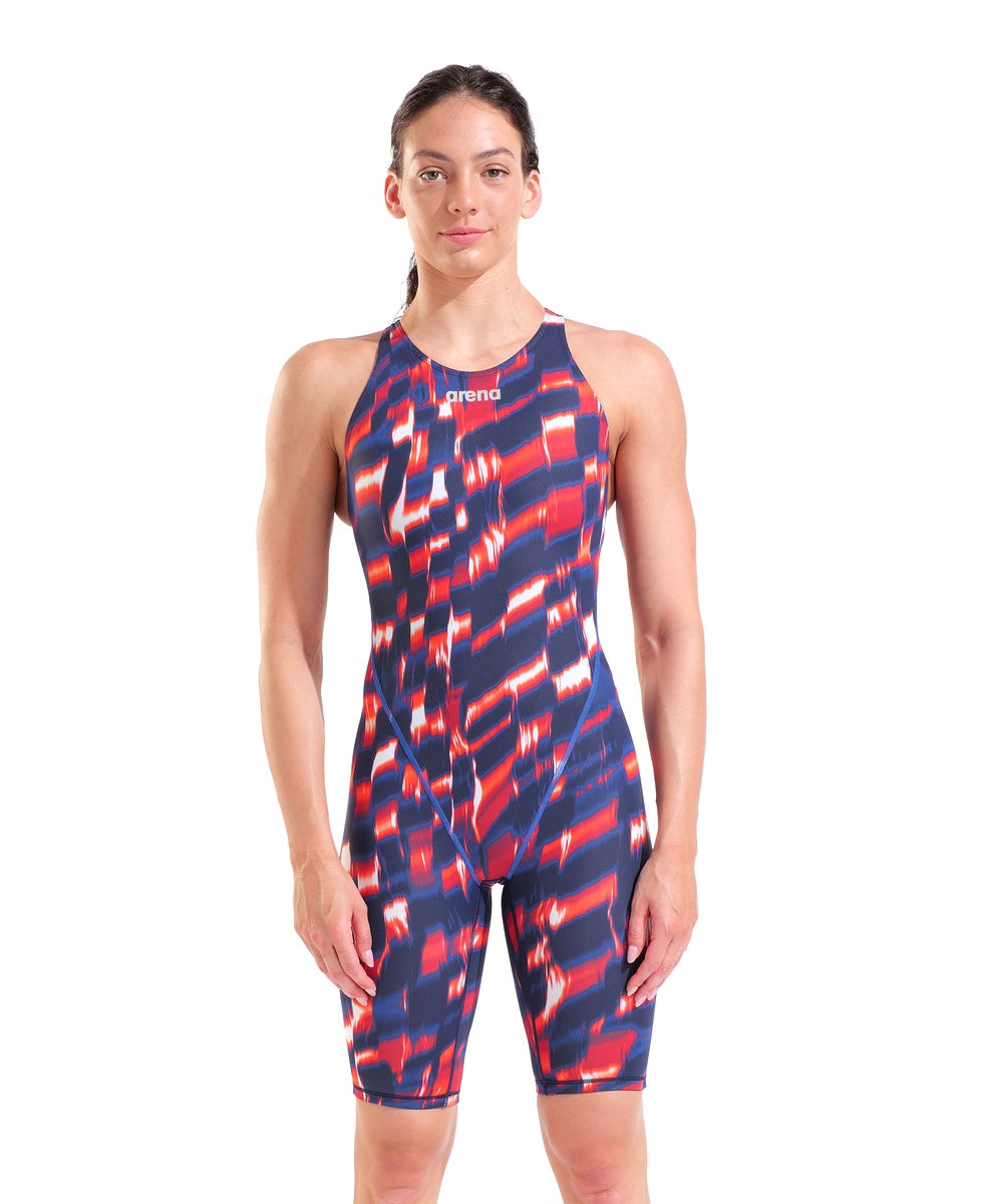 Arena Women's Powerskin ST Next Aqua Gleam Limited Edition kneesuit in red, white, and blue, featuring sleek swimwear design.