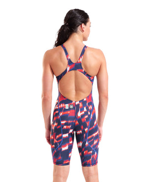 Arena Women's Powerskin ST Next Aqua Gleam Limited Edition kneesuit in red, white, and blue, featuring sleek swimwear design.