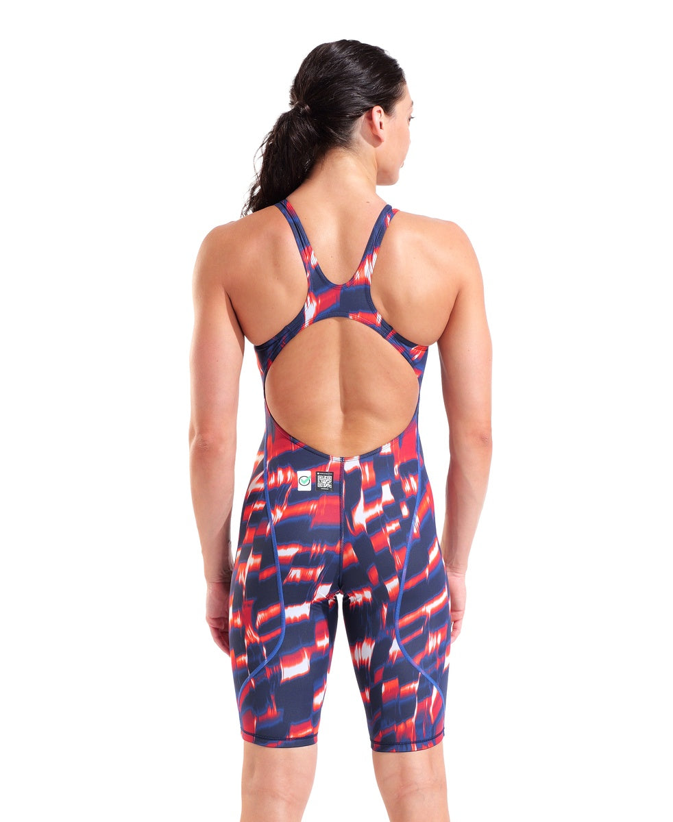 Arena Women's Powerskin ST Next Aqua Gleam Limited Edition kneesuit in red, white, and blue, featuring sleek swimwear design.