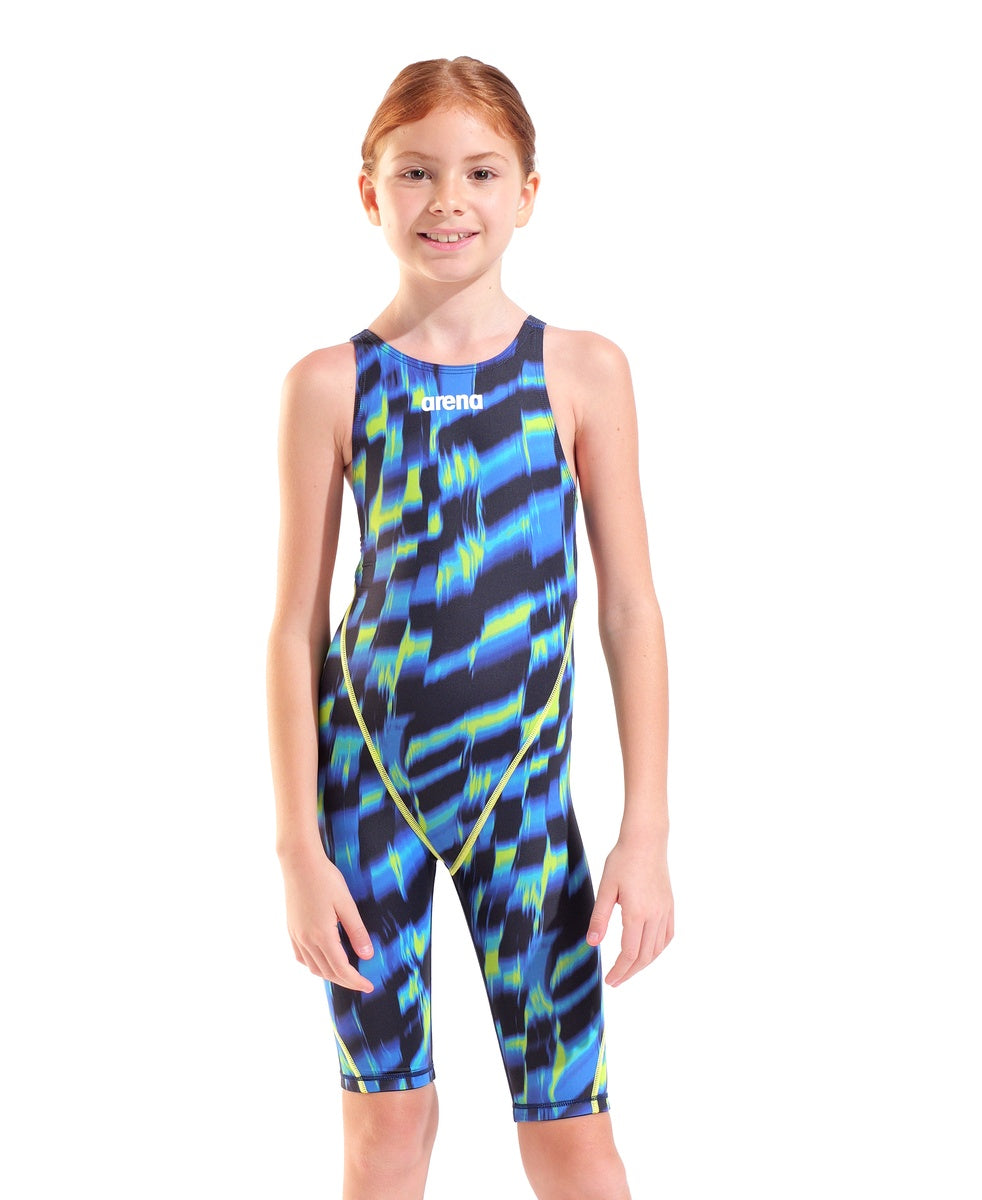 Arena Girls Powerskin ST Next Aqua Gleam limited edition kneesuit with aqua and gleam design, flexible swimwear for young swimmers.