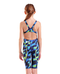 Arena Girls Powerskin ST Next Aqua Gleam kneesuit with aqua and gleam design, featuring a sleek, fitted swimwear style for young swimmers.