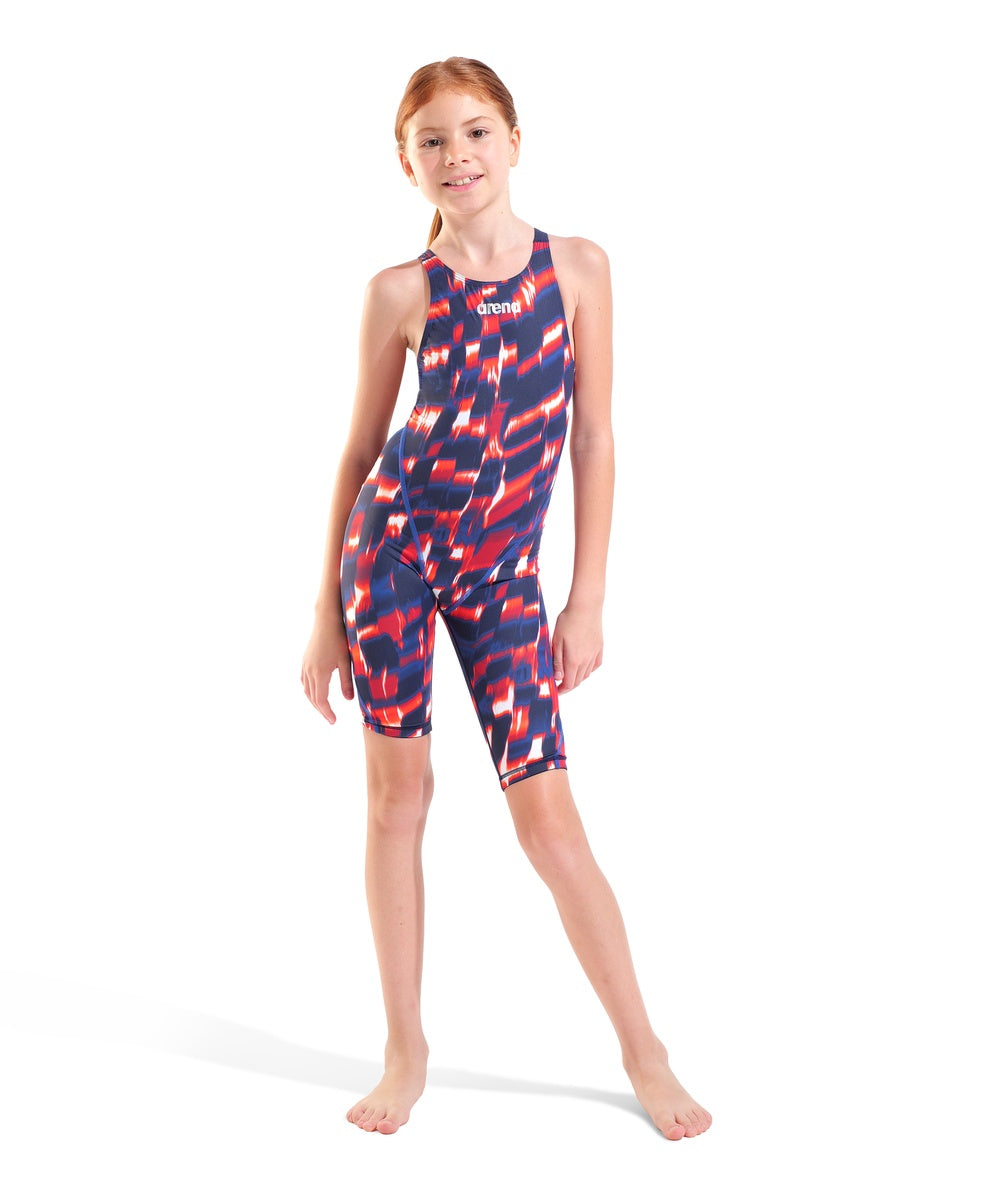 Arena Girls Powerskin ST Next Aqua Gleam limited edition kneesuit in red, white, and blue with sleek sports design.