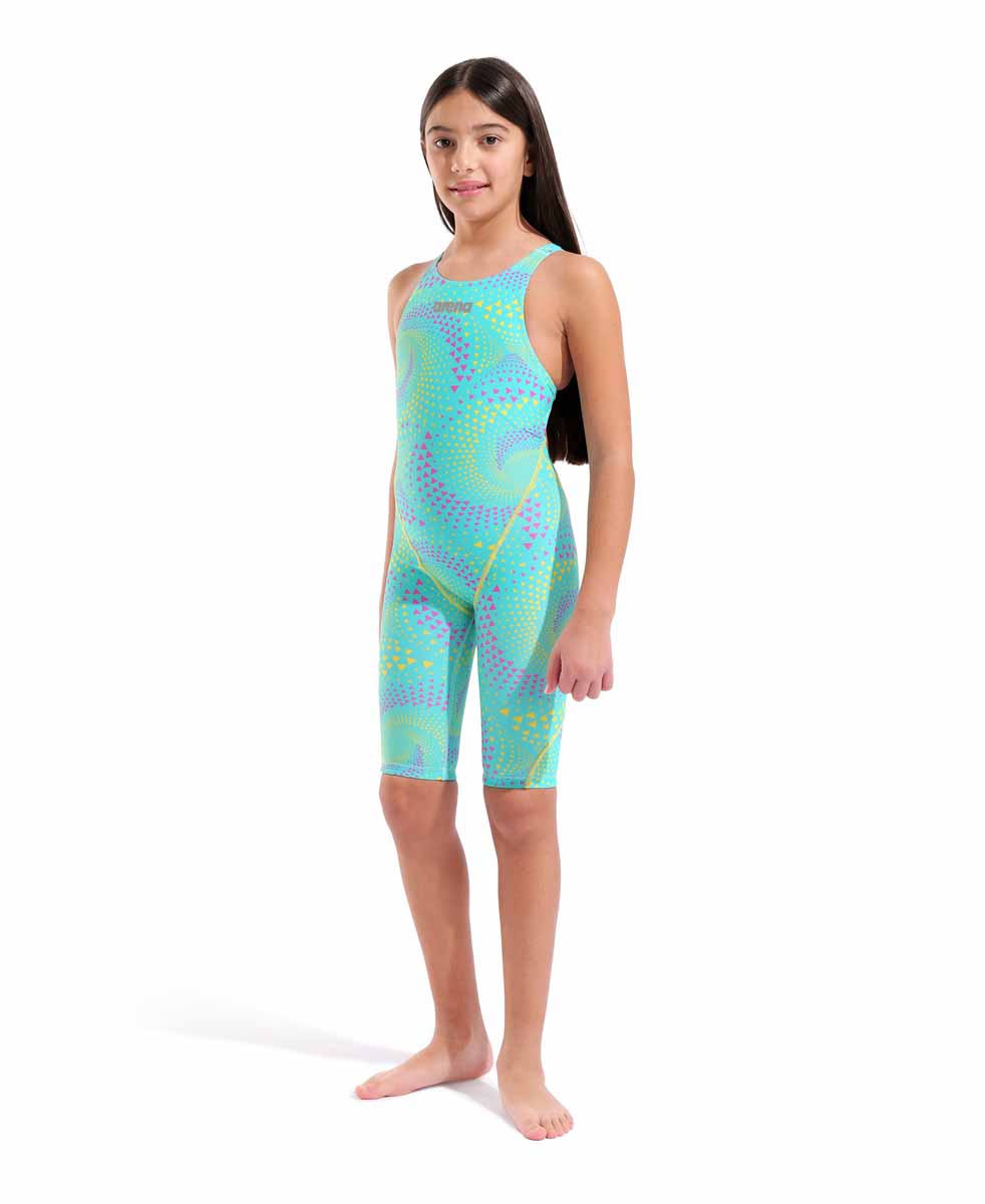 Arena Girls Powerskin ST Next Ltd Edition kneesuit in Fireflow Seaglass, featuring a sleek, high-performance design with vibrant colors.