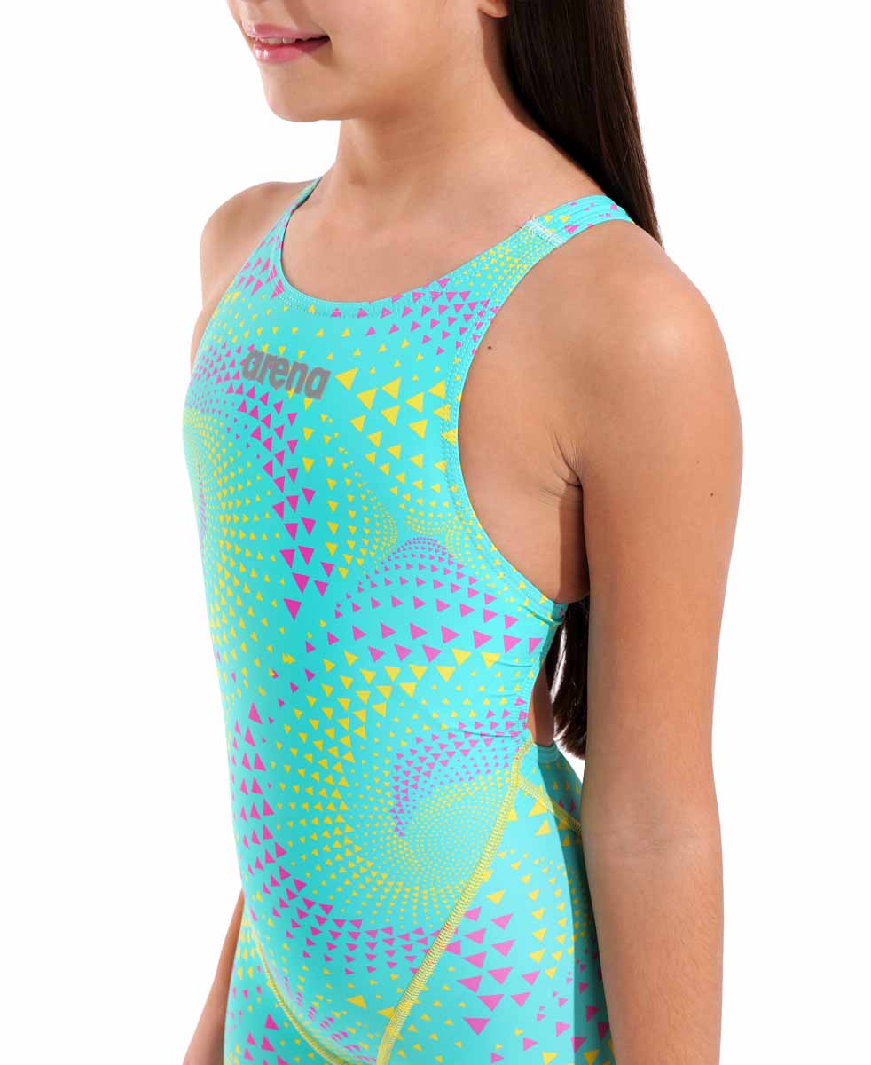 Arena Girls Powerskin ST Next Ltd Edition kneesuit in Fireflow Seaglass, close-up of the sleek, vibrant swimwear fabric and design.