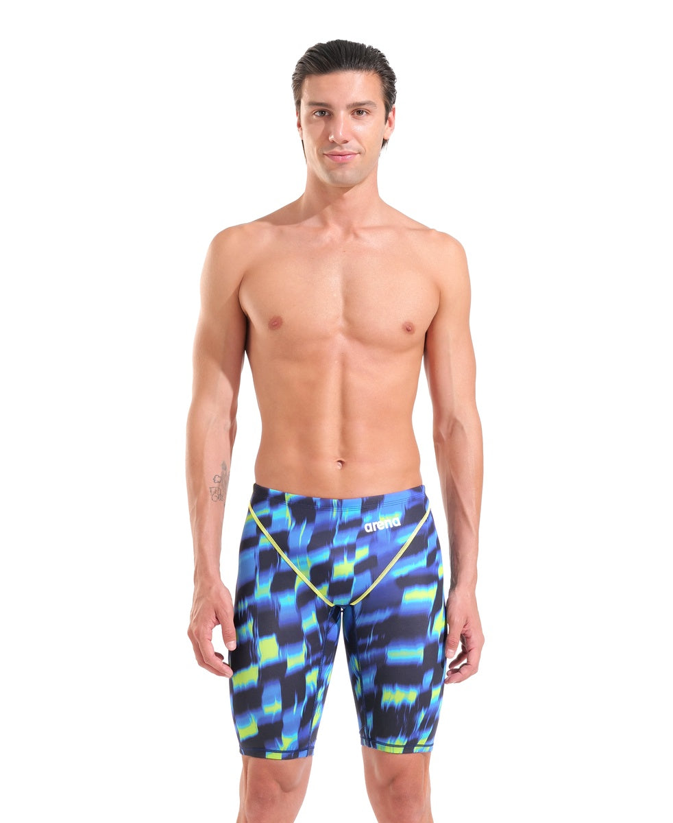 Arena men's Powerskin ST Next Aqua Gleam limited edition jammer, sleek aqua and gleam design, close-up of fabric and branding.