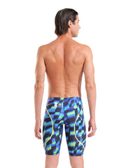 Arena Men's Powerskin ST Next Aqua Gleam limited edition jammer, close-up view of sleek blue and silver swimwear fabric.