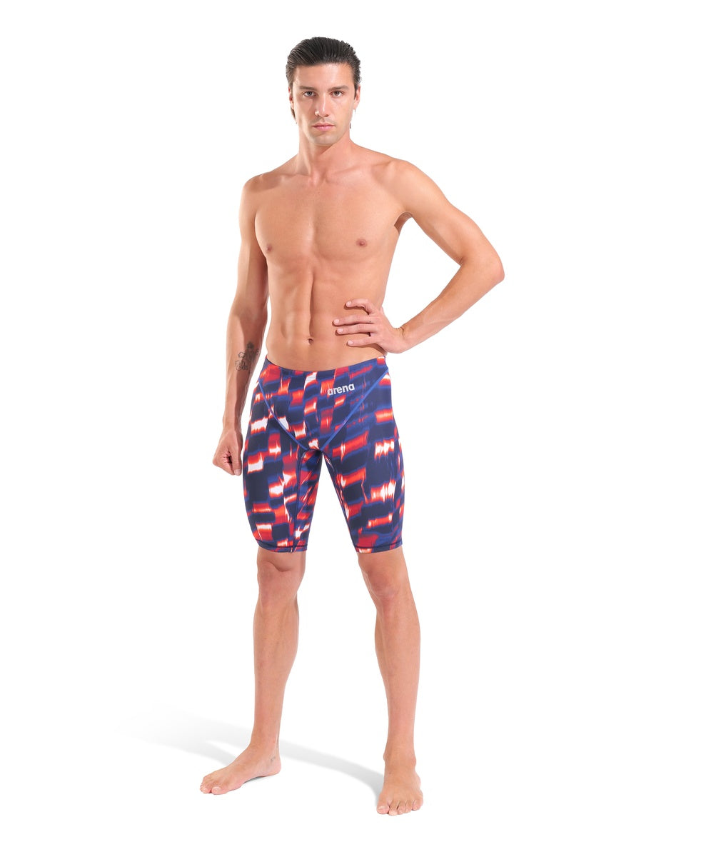 Arena men's Powerskin ST Next Aqua Gleam limited edition jammer in red, white, and blue with sleek swimwear design.