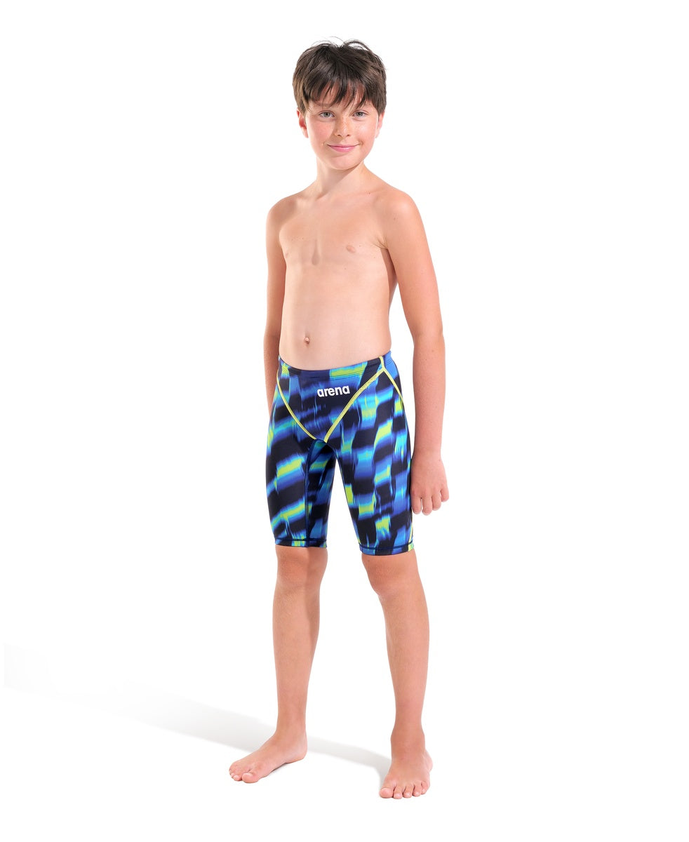 Arena Boys Powerskin ST Next Aqua Gleam limited edition swimming jammer, aqua and gleam design, close-up view.