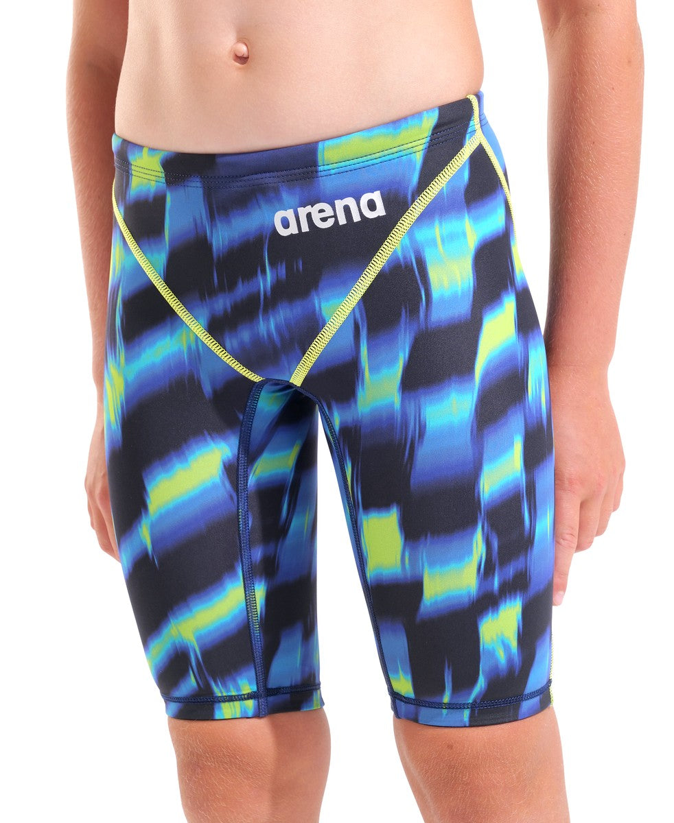 Arena Boys Powerskin ST Next Aqua Gleam limited edition swim jammers with Aqua and Gleam design, close-up of the swimwear fabric and pattern.