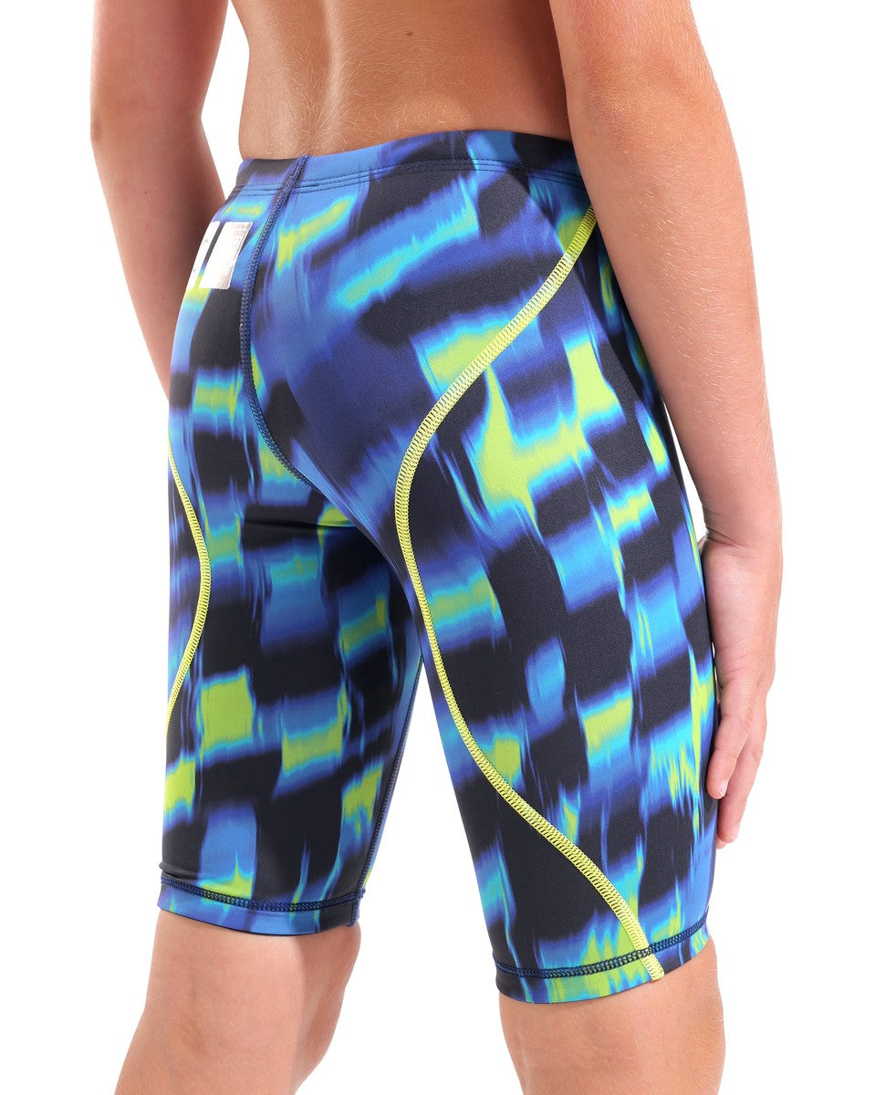 Arena Boys Powerskin ST Next Aqua Gleam limited edition swim jammer with aqua and gleam design, close-up of the product.