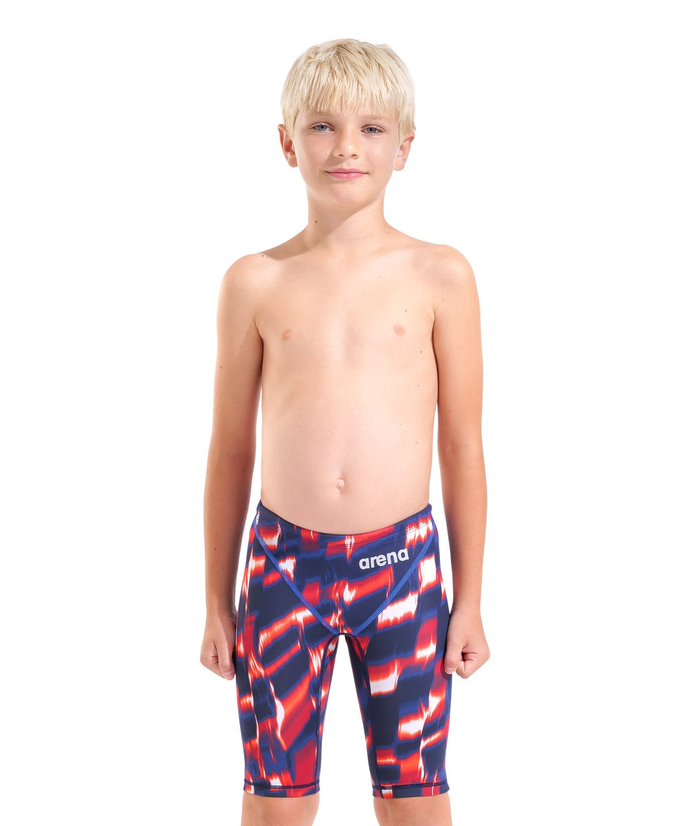 Arena Boys Powerskin ST Next Aqua Gleam limited edition swim jammer in red, white, and blue with sleek design and branding.