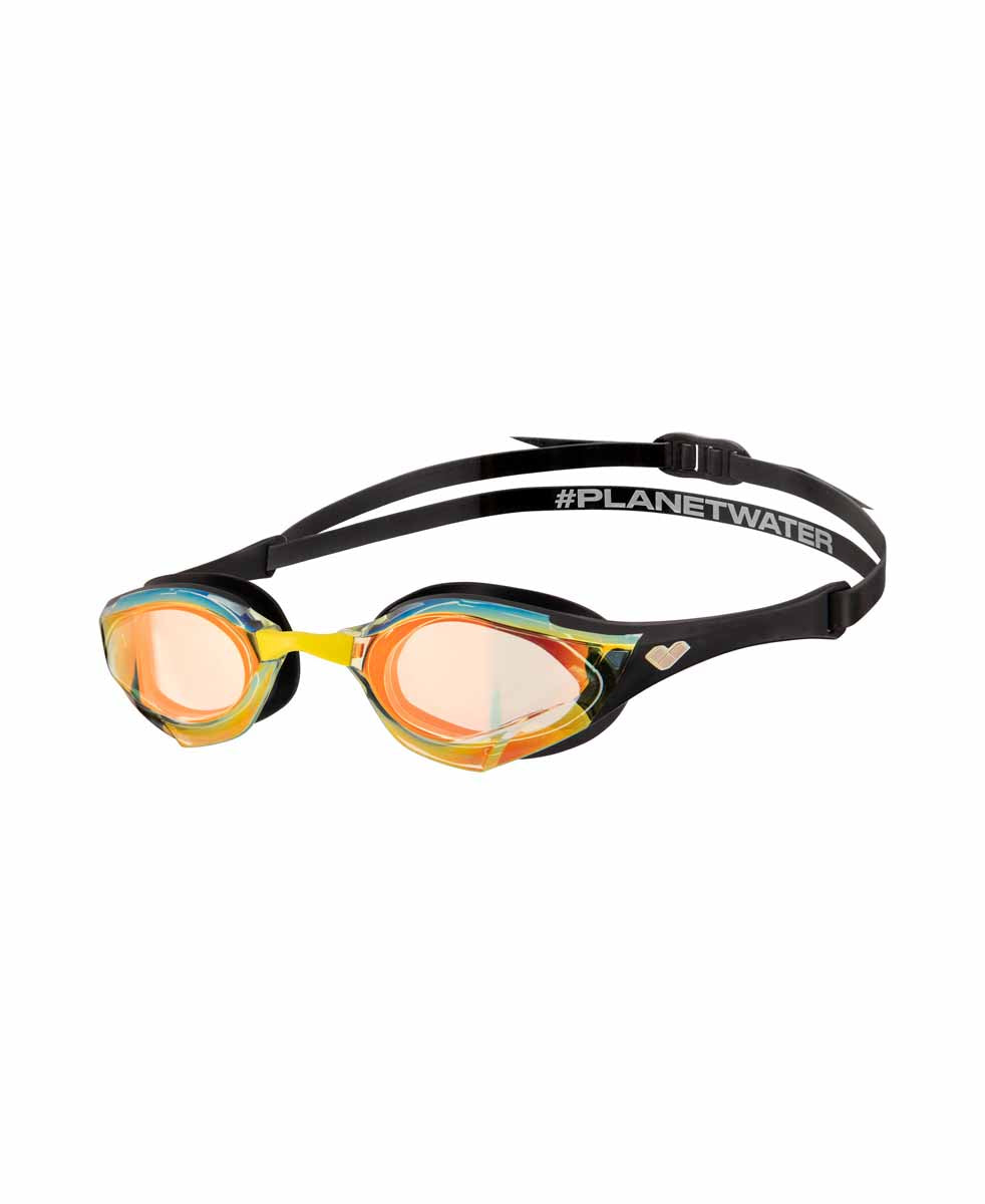 Arena Cobra Edge Swipe Mirror goggles in yellow copper and black with sleek swim goggle design and mirrored lenses.