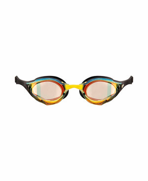 Arena Cobra Edge Swipe Mirror goggles in yellow copper and black with mirrored lenses, designed for competitive swimming.