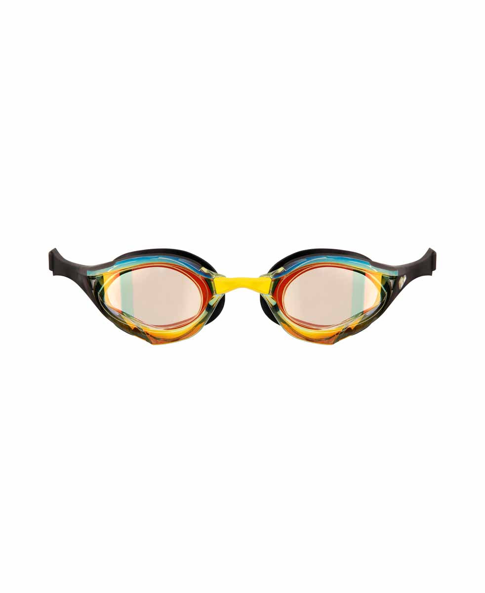 Arena Cobra Edge Swipe Mirror goggles in yellow copper and black with mirrored lenses, designed for competitive swimming.