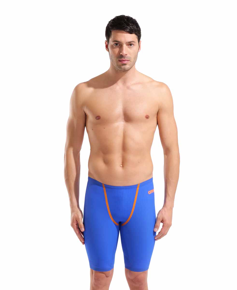Arena men's Powerskin Primo jammer in neon blaze, close-up view showing sleek, high-performance swimwear design.