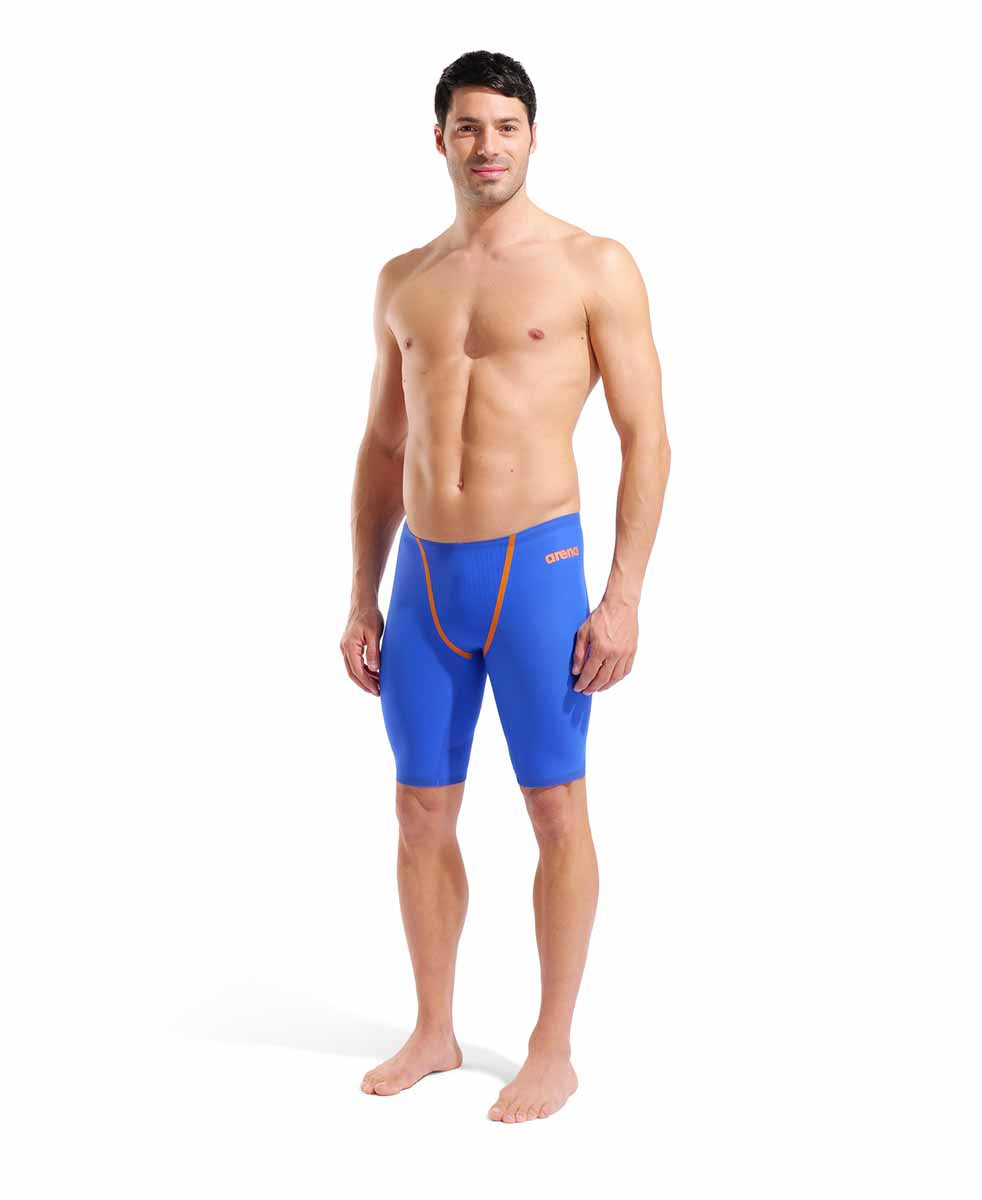 Arena Mens Powerskin Primo Jammer Ltd Edition in Neon Blaze, close-up of sleek, high-performance swim jammers with vibrant neon design.
