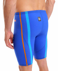 Arena men's Powerskin Primo jammer in neon blaze, showcasing sleek, fitted swimwear designed for performance and durability.